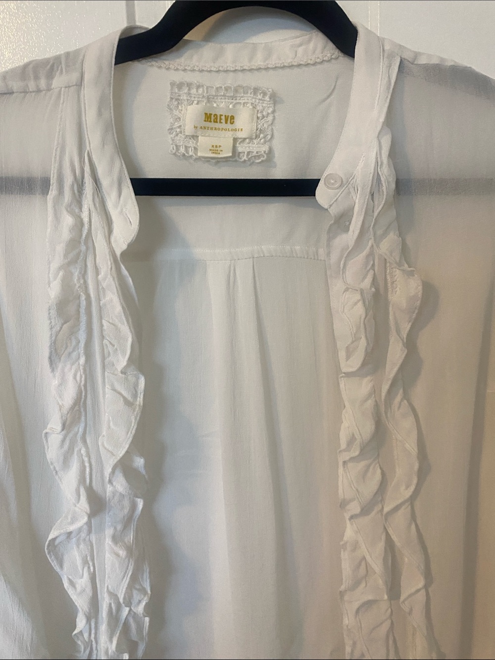 Anthropologie Maeve White Ruffle Blouse Mandarin Collar - Picture 5 of 8